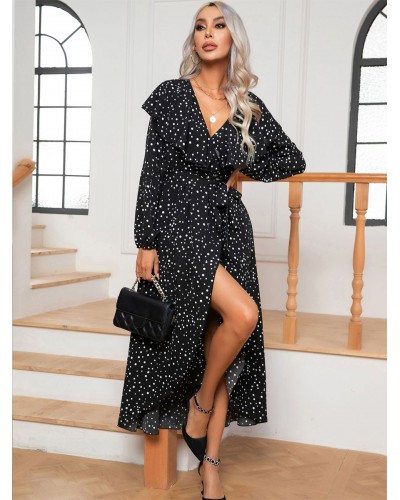 Women Dresses V-Neck Long Sleeves Chiffon Casual Polka Dot High-slit Ruffles Floor Length Dress Maxi Street Wear Daily Casual