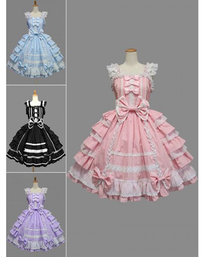 Lolita Dress JSK Rococo Pink Cotton Lace Bow Ruffled Layered Lolita Jumper Skirt Sweet Spring Tea Party