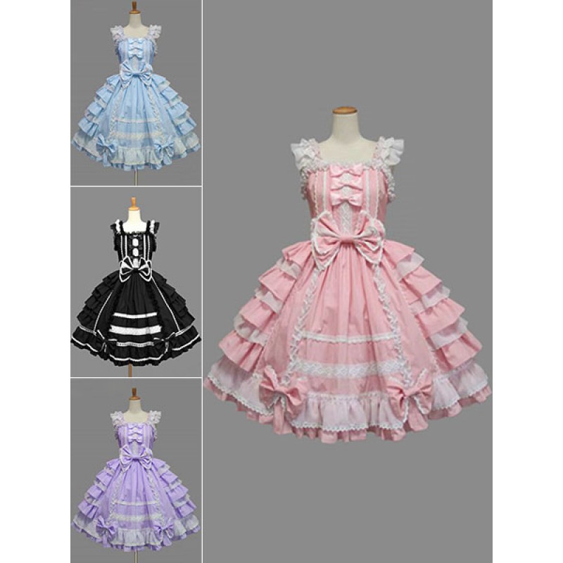 Lolita Dress JSK Rococo Pink Cotton Lace Bow Ruffled Layered Lolita Jumper Skirt Sweet Spring Tea Party