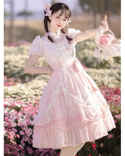 Classical Lolita Dress Polyester Short Sleeves Lolita Dresses Floral Print Classic Pink