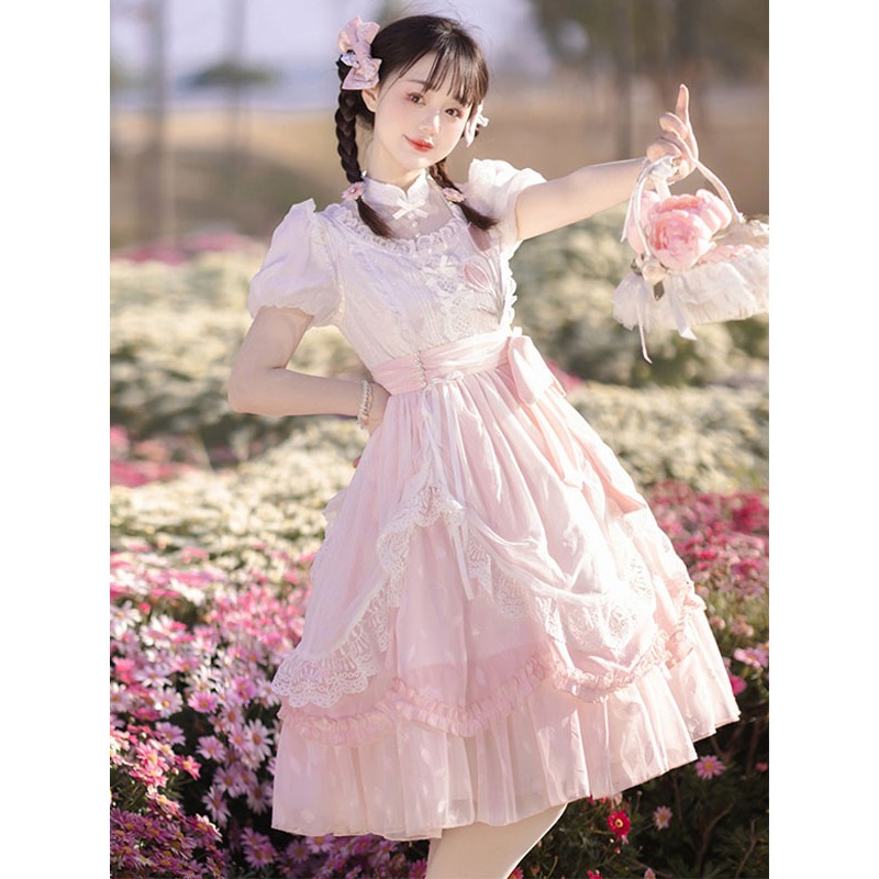 Classical Lolita Dress Polyester Short Sleeves Lolita Dresses Floral Print Classic Pink