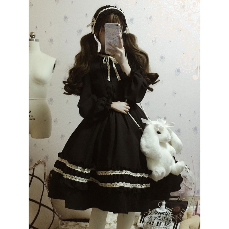 Classic Lolita OP Dress Bow Ruffl Two Tone Lolita One Piece Dress Spring Fall Daily Casual Tea Party