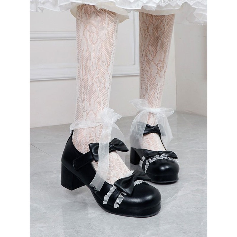 Lolita Footwear Black Round Toe PU Leather Lace Up Sweet Lolita Pumps