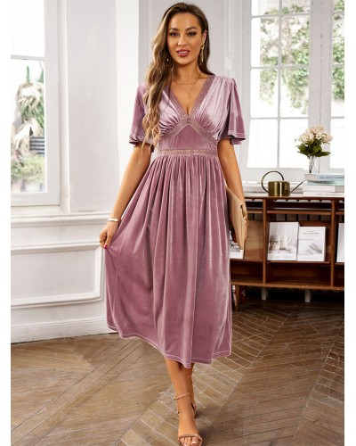 Women Party Dresses Pink V-Neck Lace Short Sleeves Semi Formal Dress Elegant Spring Summer Fall