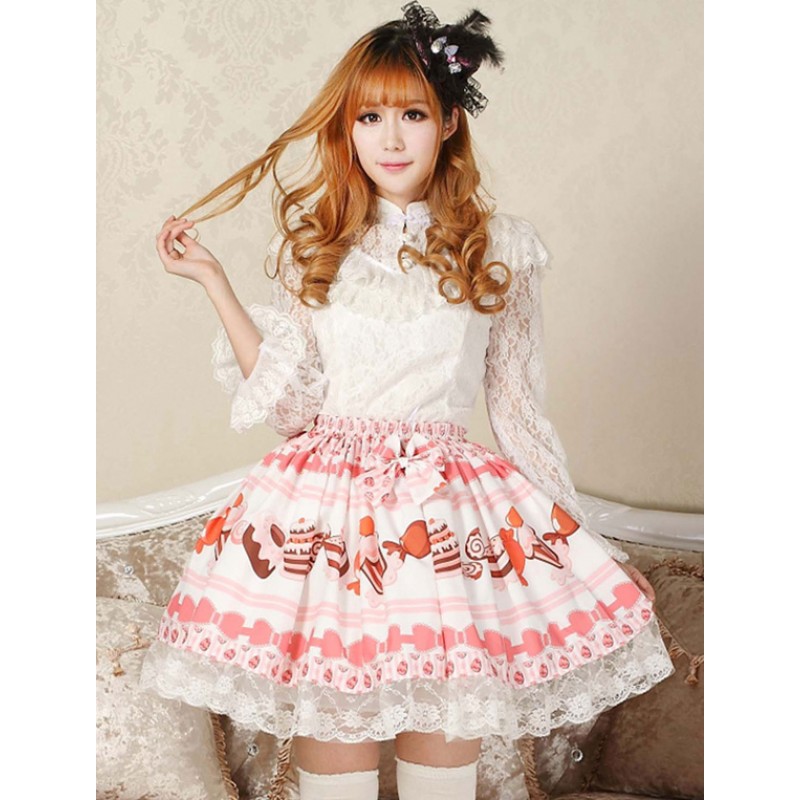 Sweet Pink Lolita Short Skirt Cake Ice Cream Print Lace Trim Spring Daily Casual