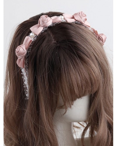 Sweet Lolita Headdress Pink Polyester Fiber Rose Pearls Lace Rose Pattern Lace Headwear Lolita Hair Accessories