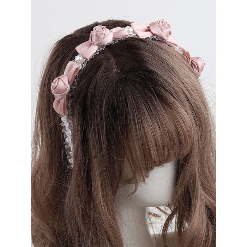 Sweet Lolita Headdress Pink Polyester Fiber Rose Pearls Lace Rose Pattern Lace Headwear Lolita Hair Accessories