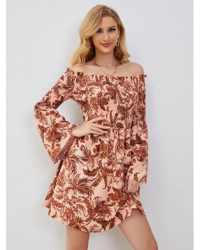 Floral Dress Open Shoulder Bell Sleeves Pleated Mini Dresses Summer Street Wear Resort Wear