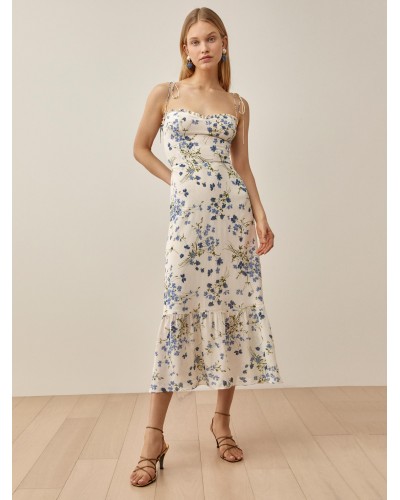 Women Floral Print Chiffon Casual V-Neck Sleeveless Midi Dress Pastoral Style Summer