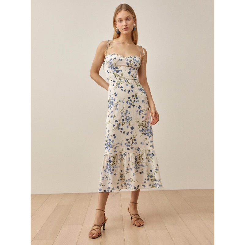 Women Floral Print Chiffon Casual V-Neck Sleeveless Midi Dress Pastoral Style Summer