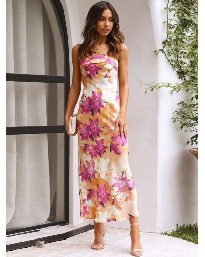 Women Floral Print Bateau Neck Sleeveless Midi Dress Fashionable Dress Summer