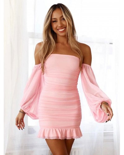 Women Bodycon Dresses Pink Bateau Neck Pleated Layered Chic Long Sleeves Pencil Dress Mini Street Wear Daily Casual Resort Wear