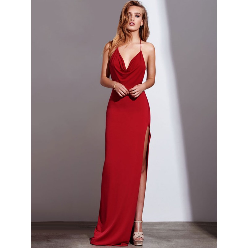 Women Birthday Maxi Halter Evening Dress Backless Split Party Dress Sexy Summer