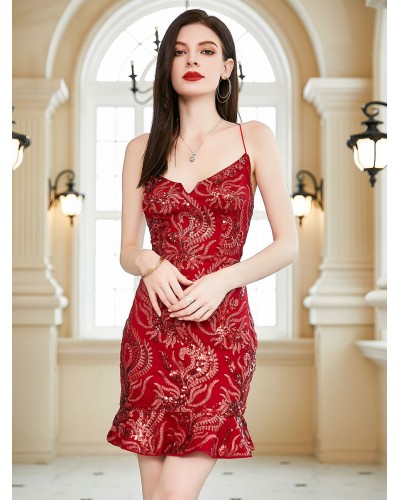 Women Party Dresses Burgundy V-Neck Sequins Sleeveless Backless Semi Formal Dress Bodycon Spring Summer Fall