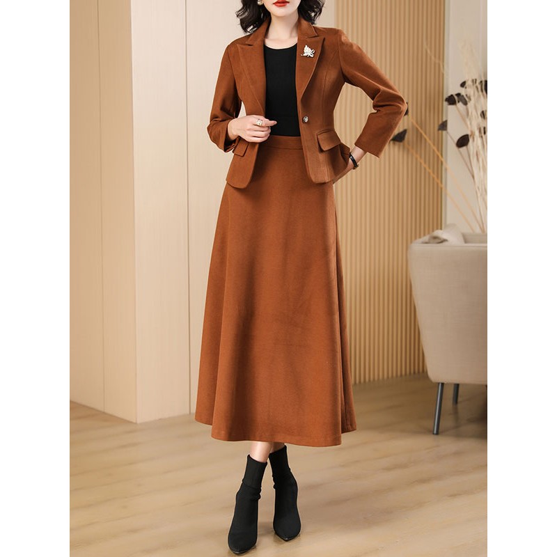 Wool Skirt Set Coffee Brown Winter Outerwear For Women 2023 Classic  Traditional Casual Indoor Field Dating