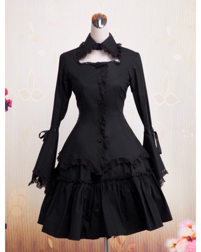 Lolita Dress OP Black Long Hime Sleeves Ruffles Lace Trim Cotton Lolita One Piece Dress Gothic Fall Tea Party