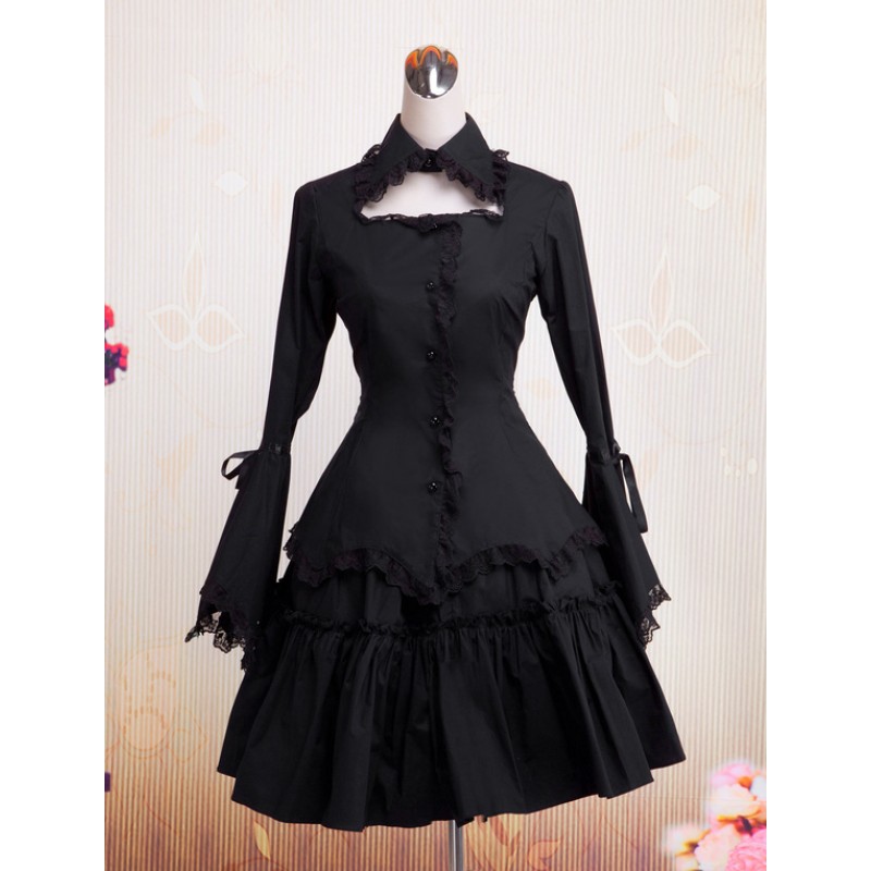 Lolita Dress OP Black Long Hime Sleeves Ruffles Lace Trim Cotton Lolita One Piece Dress Gothic Fall Tea Party