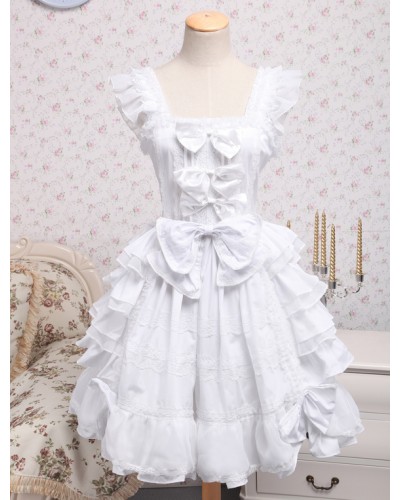 Rococo Lolita JSK Dress Lace Bow Ruffle White Cotton Lolita Jumper Skirt Sweet ROCOCO Summer Tea Party