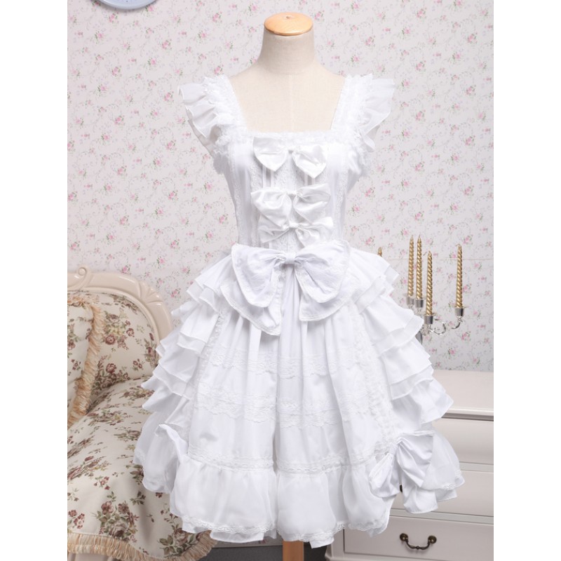 Rococo Lolita JSK Dress Lace Bow Ruffle White Cotton Lolita Jumper Skirt Sweet ROCOCO Summer Tea Party