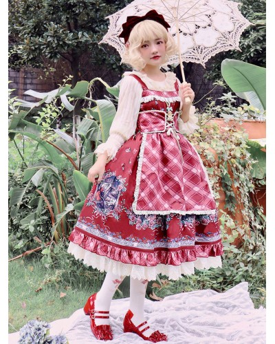 Sweet Lolita JSK Dress Fairytale Infanta Floral Print Lace Up Burgundy Lolita Jumper Skirts