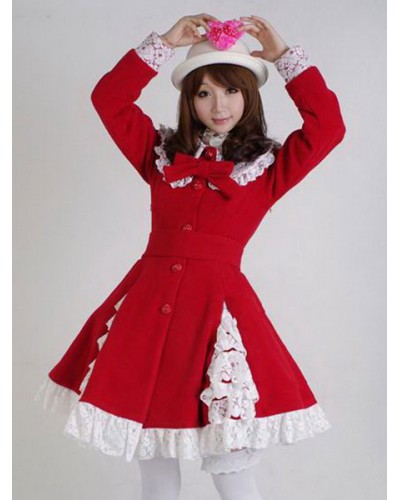 Sweet Lolita Overcoat Lace Trim Ruffle Bow Wool Lolita Winter Coat Sets Daily Casual Tea Party