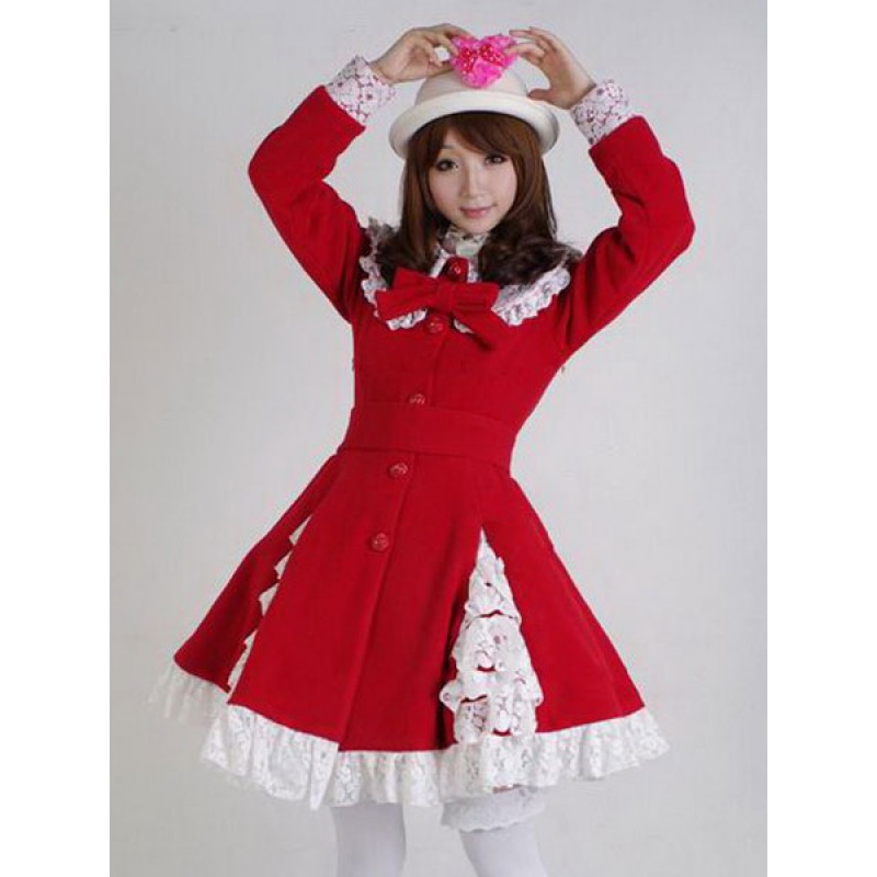 Sweet Lolita Overcoat Lace Trim Ruffle Bow Wool Lolita Winter Coat Sets Daily Casual Tea Party