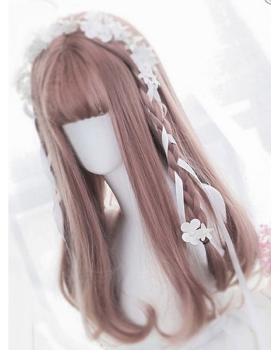 Sweet Lolita Wigs Tan Long Straight Blunt Bangs Curls At Ends Letitia Synthetic Hair Wigs Tea Party