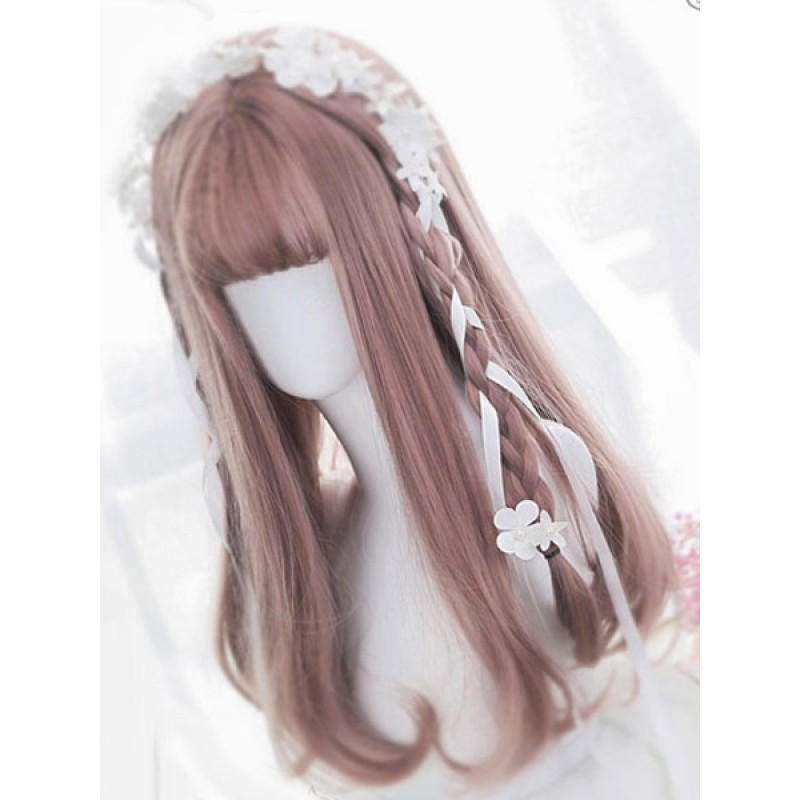 Sweet Lolita Wigs Tan Long Straight Blunt Bangs Curls At Ends Letitia Synthetic Hair Wigs Tea Party