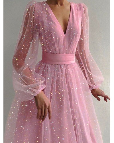 Women Party Dresses Pink V-Neck Sequins Long Sleeves Sheer Semi Formal Dress Sweet Fall