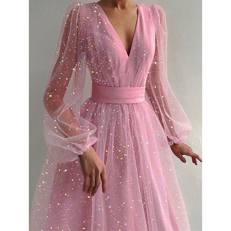 Women Party Dresses Pink V-Neck Sequins Long Sleeves Sheer Semi Formal Dress Sweet Fall