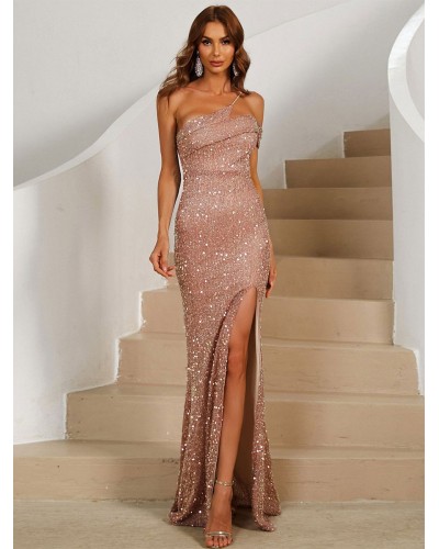 Women Sequin Maxi Party Dresses Pink High-slit Mermaid Birthday Semi Formal Dress Sexy Spring Summer