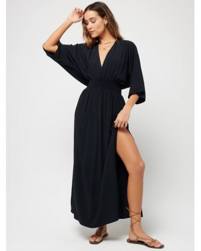 Women Dress V-Neck Pleated High-slit Black Long Beach Dress Maxi Summer