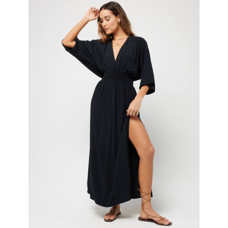 Women Dress V-Neck Pleated High-slit Black Long Beach Dress Maxi Summer