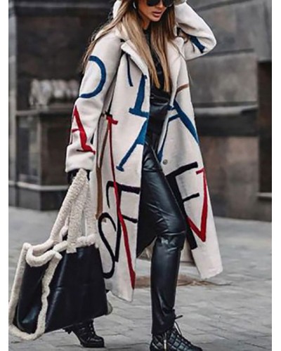 Woman Coat Printed Turndown Collar White Outerwear Classic  Traditional Casual