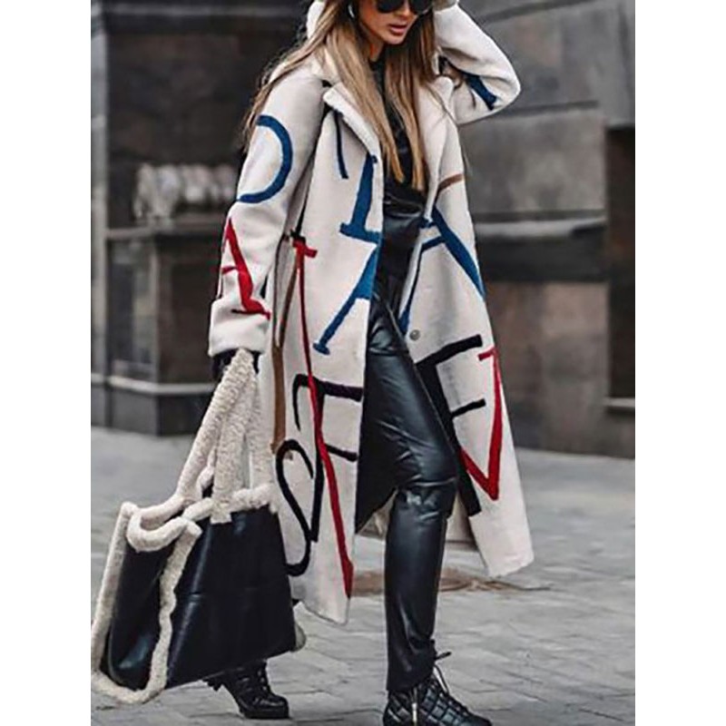 Woman Coat Printed Turndown Collar White Outerwear Classic  Traditional Casual