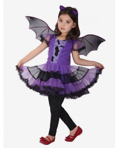 Girls Halloween Bat Costume Kids Purple Dresses Outfit 3 Piece Sets