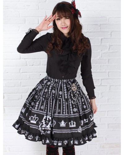 Elegant Black Polyester Lolita Skirt Sweet Printed Ruffles Trim Fall Daily Casual