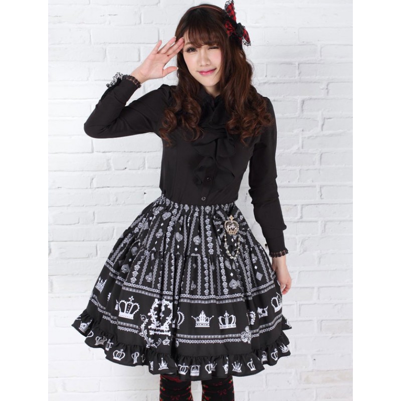 Elegant Black Polyester Lolita Skirt Sweet Printed Ruffles Trim Fall Daily Casual