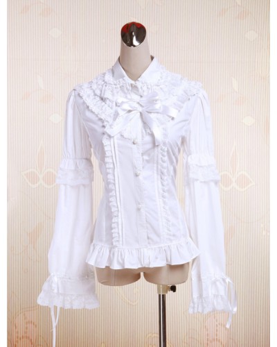 Pure White Cotton Lolita Blouse Long Sleeves Lace Trim Lace Bows Classic  Traditional