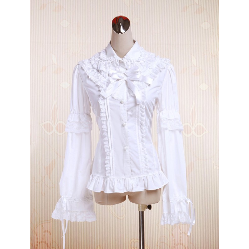 Pure White Cotton Lolita Blouse Long Sleeves Lace Trim Lace Bows Classic  Traditional