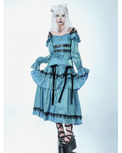 Lolita Blouses Blue Green Long Sleeves Lace Up Grommets Lolita Top Lolita Shirt Tops Steampunk Gothic Daily Casual Tea Party