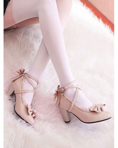 Sweet Lolita Footwear Pink Ruffles Bows Leather Prism Heel Lolita Shoes Daily Casual