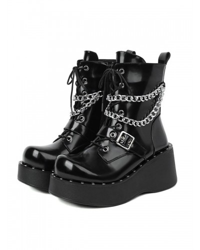 Lolita Ankle Boots Round Toe PU Leather Black Lolita Footwear Daily Casual