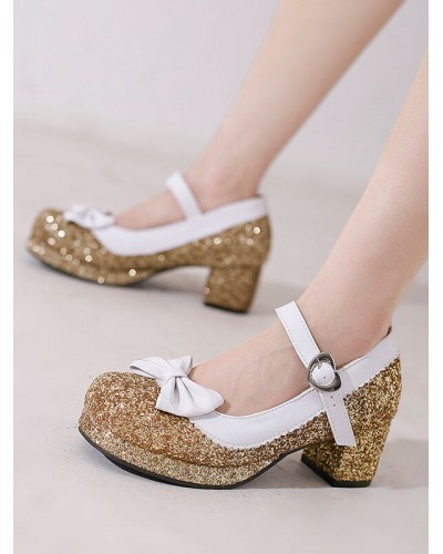 Sweet Lolita Footwear Silver Bows Sequins Round Toe PU Leather Lolita Shoes