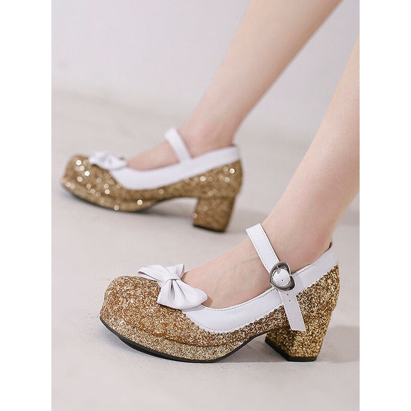 Sweet Lolita Footwear Silver Bows Sequins Round Toe PU Leather Lolita Shoes