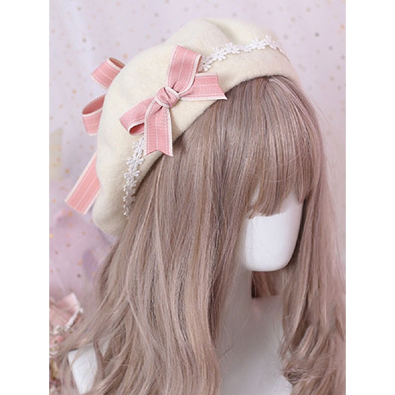 Sweet Lolita Beret Bow Floral Wool Lolita Hat