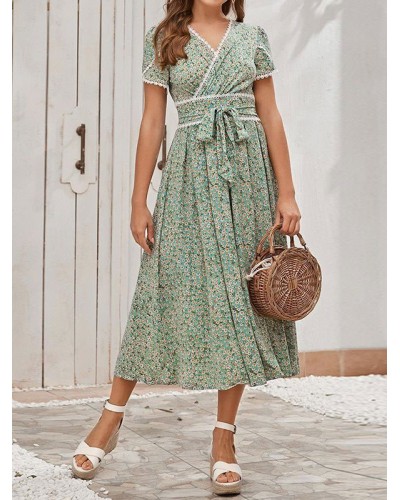 Women Printed Layered Casual V-Neck Short Sleeves Midi Dress Bohemian Summer