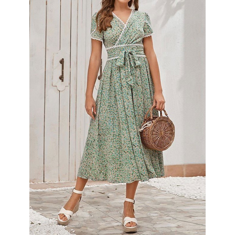 Women Printed Layered Casual V-Neck Short Sleeves Midi Dress Bohemian Summer