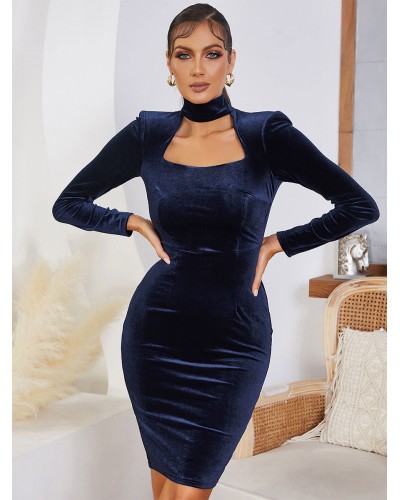 Birthday Party Dresses Black Square Neck Zipper Long Sleeves Low-slit Semi Formal Dress Bodycon Daily Casual