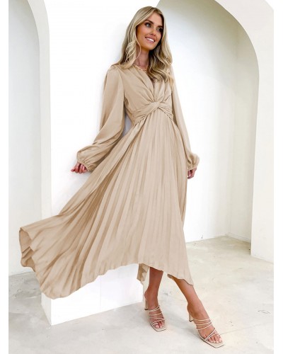 Women Party Dresses V-Neck Pleated Long Sleeves Semi Formal Long Dress Bodycon Spring Fall